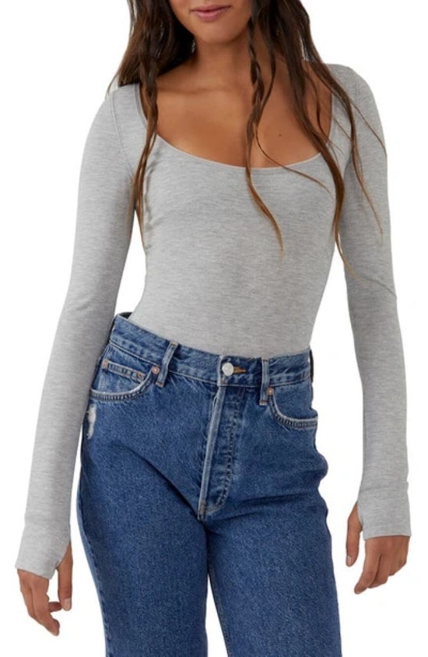 Free People Gray Basic One Piece Long Sleeve Scoop Neck Fitted Bodysuit Medium